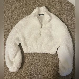 SHEIN White Half Zipper Crop Teddy Sweatshirt
